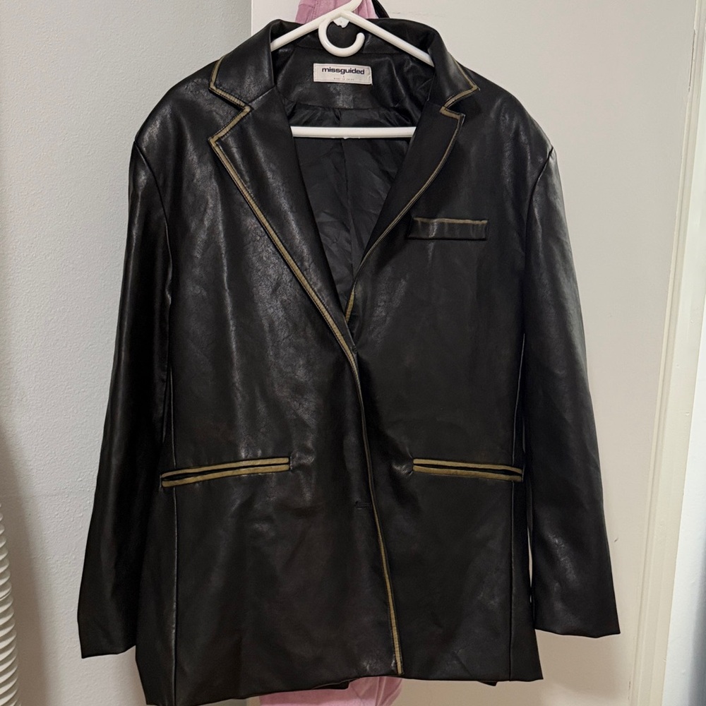 Missguided Black Faux Leather Blazer with Gold Trim Accents